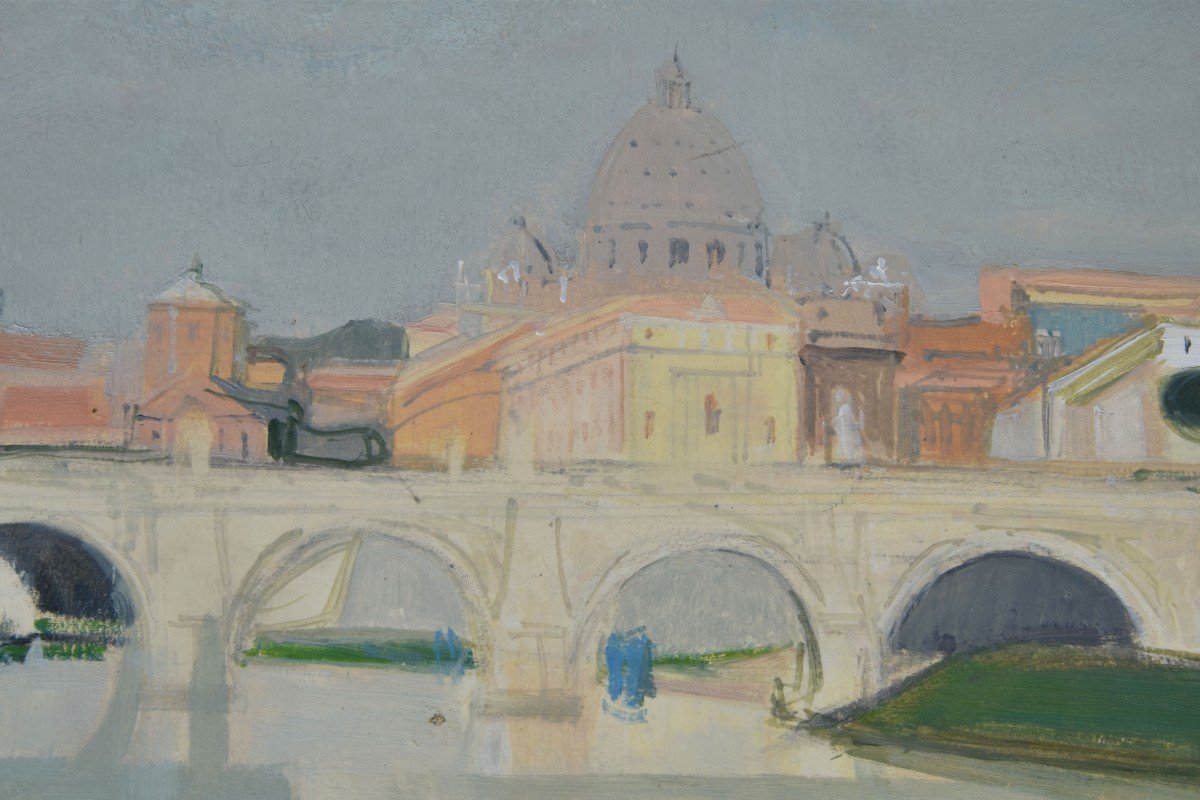 Adrian HOLY "Les quais du Tibre à Rome" 1954 Huile sur carton 37x58-photo-2